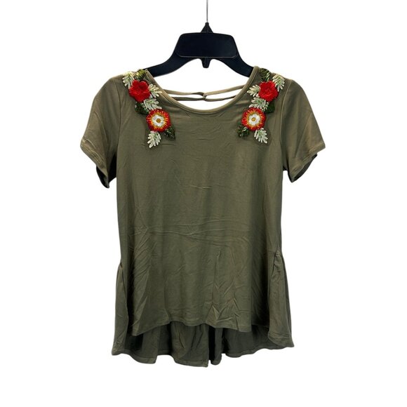 Love Alexa Girls Short Sleeve Top Size L Floral Embroidered Ruffled Hem Lace Up - Picture 1 of 11
